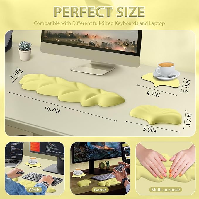 Keyboard Wrist Rest Set Wrist Rest for Keyboard and MouseWrist Rest with Non-Slip PU Base Comfortable Memory Foam Ergonomic Wrist Support Pad Arm Cushion for Computer Laptop Mac Pastel Yellow