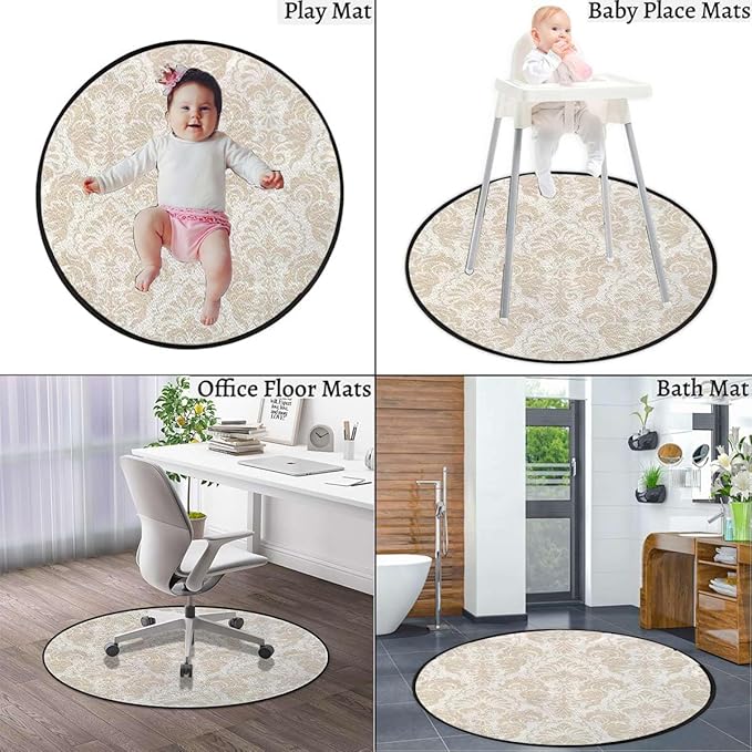 Beige White Round Rug for Bedroom Circular Area Rug Washable Throw Rugs Non-Slip Soft Floor Mat for Living Room Sofa Stylized Retro Swirl Flowers Pattern Diameter 59 in