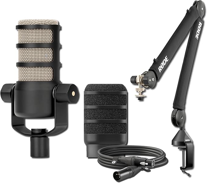 Rode PodMic Dynamic Broadcast Microphone with PSA1+ Microphone Boom Arm WS14 Pop Filter and Premium XLR Cable (Black)