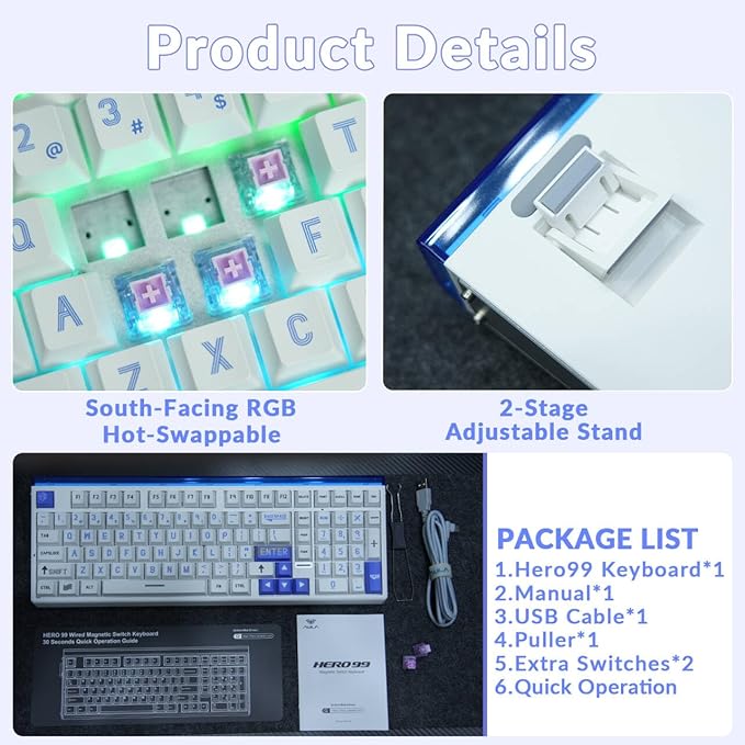AULA Hero 99 Wired Gaming Keyboard Hall Effect Keyboard with Rapid Trigger Mode Hot Swappable Magnetic Switch Keyboard with Number Pad Web DriverRGB Backlit Mechanical Keyboard for Office PC Gamer