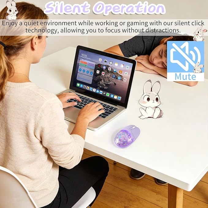 Wireless Bluetooth Mouse -Cute Clear Aqua Design Glitter Liquid Sand Water Mouse with Optical Precision Silent Clicks LED Breathing LightTransparent Retro Style for Home Office (Purple)