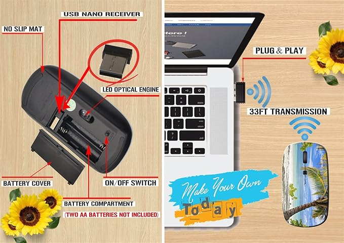 maizi Mouse Wireless for Mac Computer Personal Laptop Mice Wireless Image ID: 13612885 A Scene of Palm Trees 2.4G Portable with USB Receiver Printed in USA