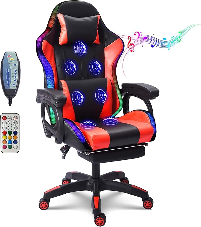TBQATNTS Gaming Chair with RGB LED Light Ergonomic Massaging Computer Gaming Chair Video Gaming Chair with Footrest Reclining Gaming Chair with Speakers Office ChairRed