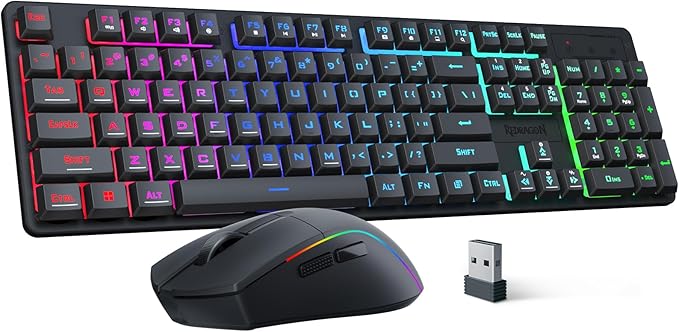 Redragon S107KS Wireless Gaming Keyboard and Mouse RGB Backlit 3 Mode (Wired/2.4G/BT) Up to 10000 DPI Gaming Mouse with Software Ultra Lightweight 65g 25 Key Anti-Ghosting Keyboard for PC