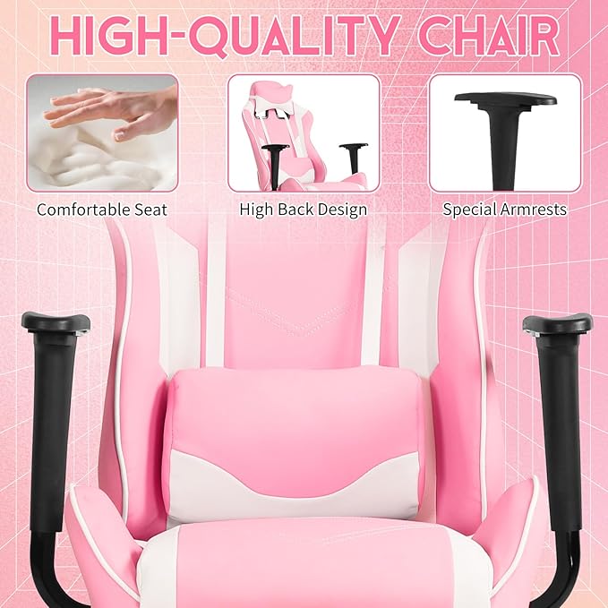BLKMTY Gaming Chair Reclining Computer Chair with Footrest and Lumbar Support Height Adjustable Game Chairs with Swivel Seat and Headrest for Home Office or Gaming (Pink)