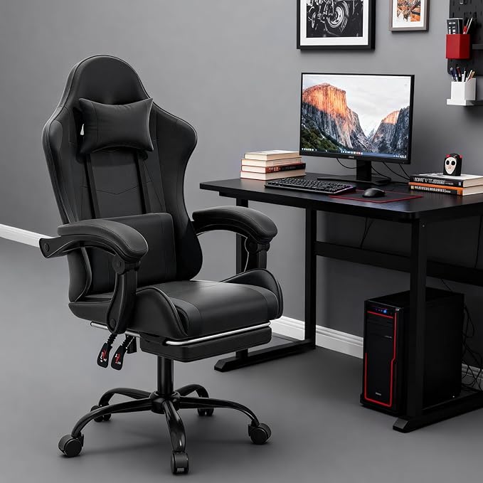 MoNiBloom Gaming Chair with Footrest High Back Video Game Chair with Headrest &amp Lumbar Support Height Adjustable Leather Swivel Computer Chair for Adult Teen Office or Gaming Black
