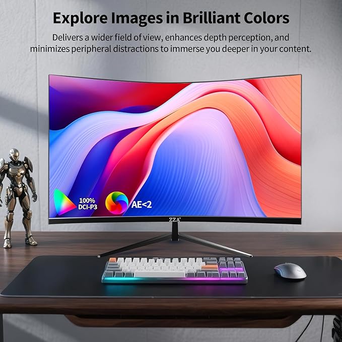 ZZA 32 Inch 4K 1500R Computer Monitor UHD (3840 x 2160) 60Hz Ultra-Clear Screen 100% sRGBEye Care Screen with HDMI DisplayPort for Home and Office VESA(100x100mm)