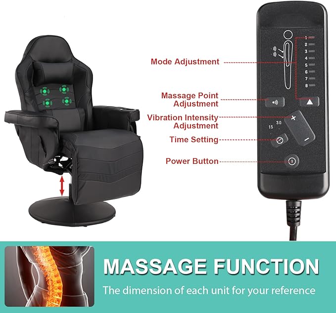 LVUYOYO Reclining Gaming Chair Gaming Chair with Footrest and Massage High Back PU Leather Gaming Recliner w/Adjustable Height Swivel Game Chair with Lumbar Support Cup Holder Headrest