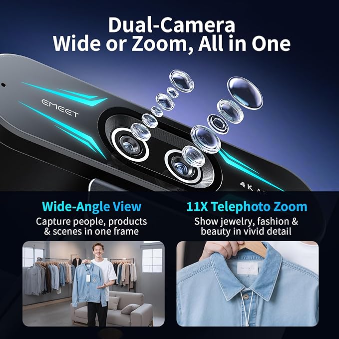 EMEET C60E Dual-Camera 4K Webcam for Streaming Wide-Angle and Telephoto Cameras Max 11X Hybrid Zoom &amp PDAF Autofocus Remote Control RGB Lighting 2 Mics Ideal for Livestreaming and Online Mee