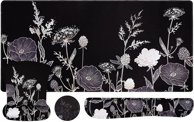 MOSISO Keyboard Mouse Pad Set Large Gaming Mouse Pad&ampKeyboard Wrist Rest&ampMouse Wrist Rest&ampCoaster Ergonomic Non-Slip Retro Flower Floral Mousepad with Raised Memory Foam for Home Office