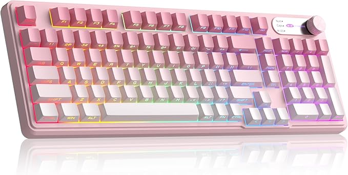 MageGee GK960 Wireless Gaming Keyboard RGB Tri-Mode Wired/BT/2.4G Creamy Keyboard with Number Pad 4000mAh Battery Knob Control Side Printed Keycaps 19-Key Anti-Ghosting for Win/Mac (Pink &amp Wh