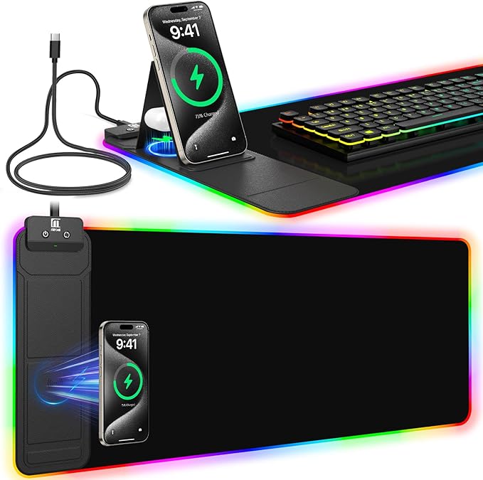 RGB Mouse Pad with Foldable Phone Stand &amp Wireless Charger 31.5x11.8 XL Gaming Mousepad Large Desk Mat Desk Pad with Dual Charging for Phone &amp AirPods | 11 Colors &amp 5 Modes | Waterproo