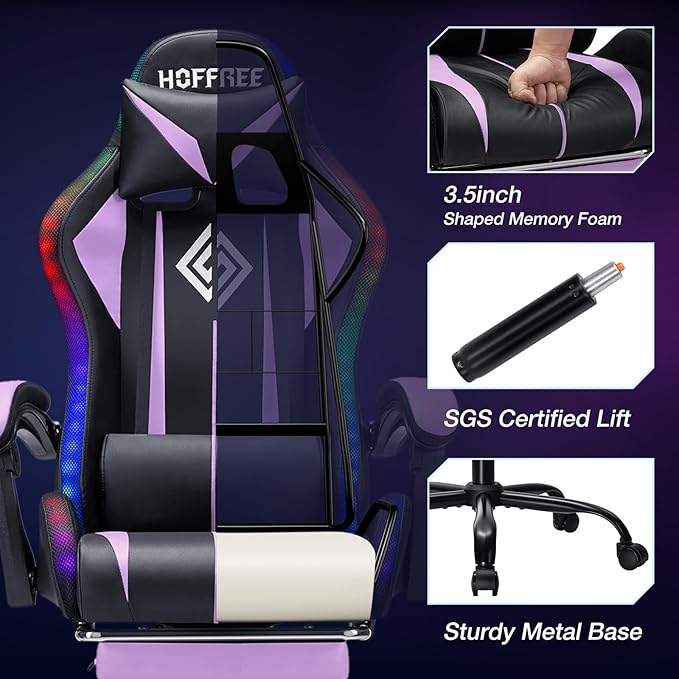 HOFFREE Gaming Chair with LED RGB Lights and Massage Ergonomic Computer Chair with Footrest High Back Video Game Chair with Adjustable Lumbar Support Linkage Armrest Purple and Black