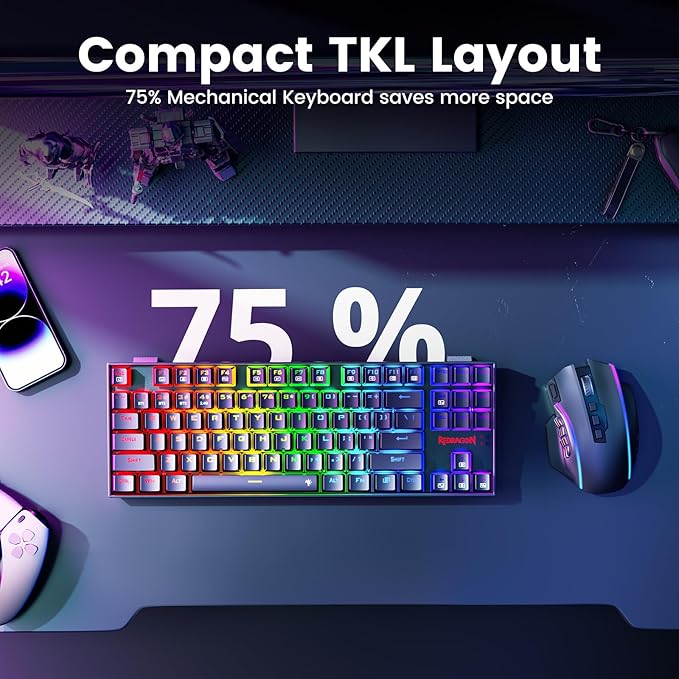 Redragon Wireless Gaming Keyboard BT/2.4Ghz Tri-Mode Mechanical Keyboard buit-in Battery Programmable 87 Keys TKL LED Rainbow Backlit - K552-KRS