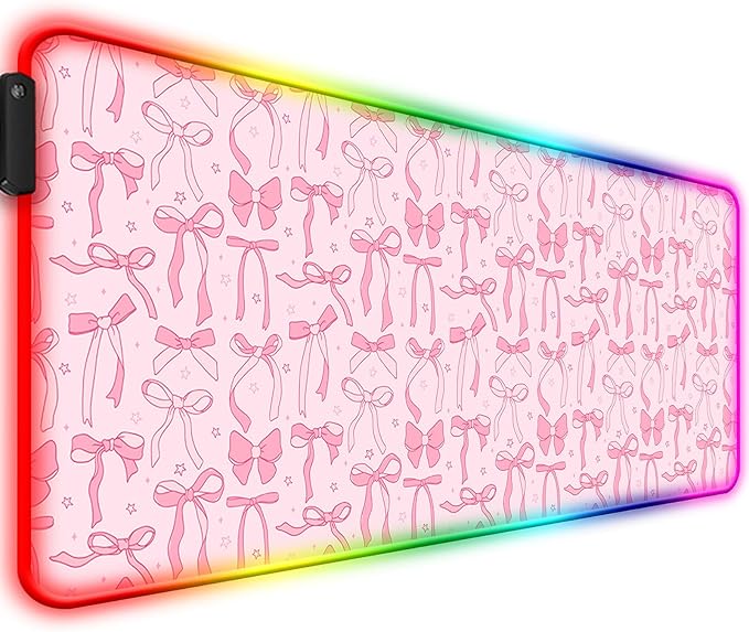 RGB Pretty Bow Girly Gaming Desk Mat Computer Keyboard Large Extended Long LED Mouse Pad for Office and Home XL (W24)