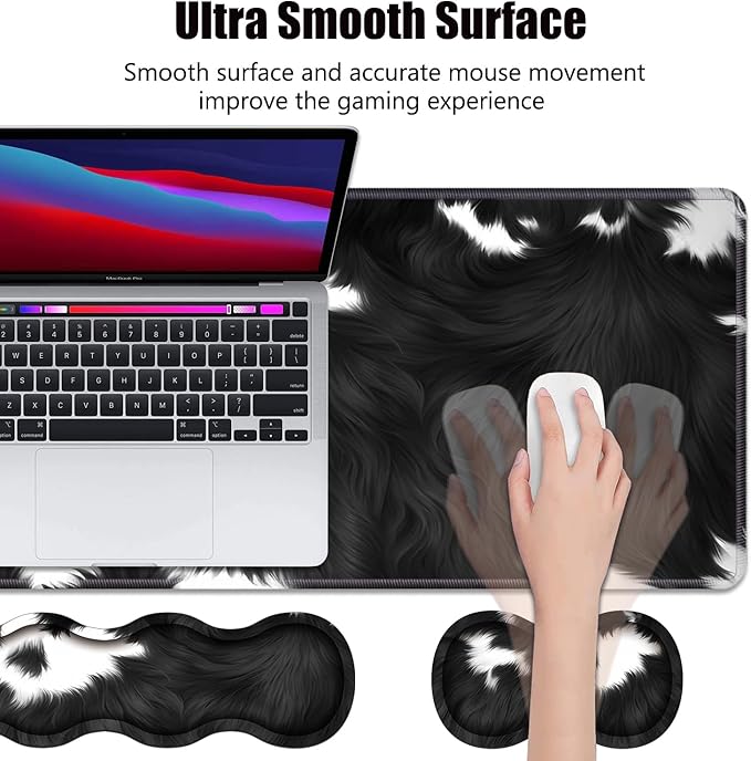 4 in 1 Ergonomic Memory Foam Mouse Pad Wrist Rest Set Large XXL Gaming Desk Pad + Keyboard Wrist Rest + Mouse Wrist Cushion + Coaster for Home Office Study Gaming Black and White Cow Print