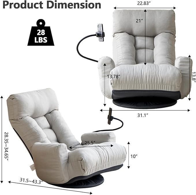 360-Degree Swivel Floor Chair with 5-Position Folding Design Adjustable Headrest Waist Support Armrests and Phone Holder for Living Room (Gray+Fine Linen)