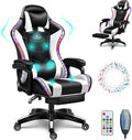 Video Gaming Chairs with LED Light Bluetooth Speakers Computer Chair with Full Massage Lumbar Support Ergonomic Pro Gaming Chair for Retractible Footrest and Backrest AdjustableWhite