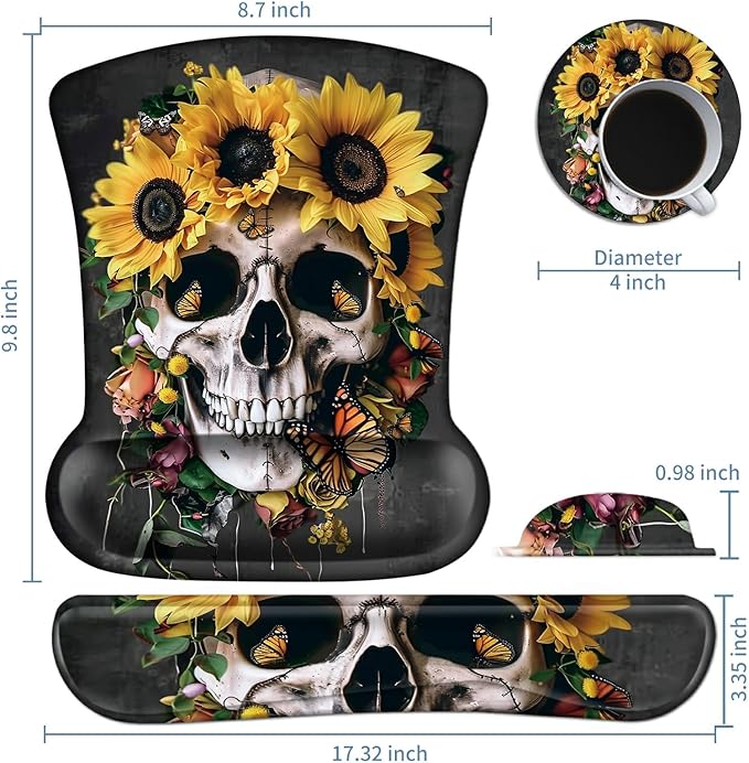 Keyboard Wrist Rest and Mouse Wrist Rest Pad Set Made of Memory Foam with Non Slip Rubber Base Ergonomic Gel Wrist Rest for Computer Keyboard Gaming Office Working with Skull Sunflower Coaster