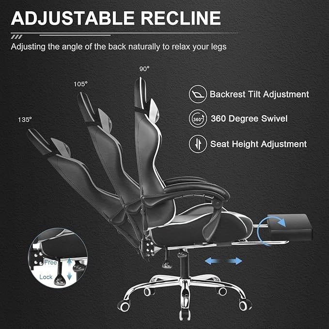 GTPLAYER Gaming Chair Computer Chair with Footrest and Lumbar Support Height Adjustable Game Chair with 360°-Swivel Seat and Headrest and for Office or Gaming (Pearl White)