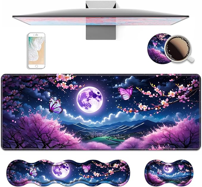 4 in 1 Ergonomic Keyboard Wrist Rest &amp Mouse Pad Wrist Rest Set Large XXL Gaming Desk Mat 31.5x 11.8 with Non-Slip Base Memory Foam for Home Office Study Gaming Moon Cherry Blossom Butterfly