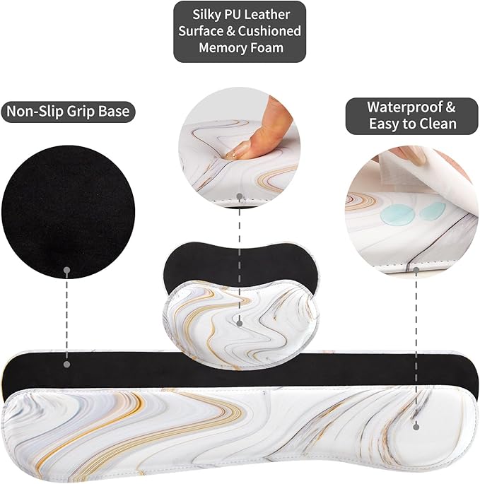 QiyI Leather Desk Mat Set 4-in-1 Large Mouse Pad with Wrist Rest Non-Slip Desk Pad + Keyboard Wrist Rest + Mouse Wrist Support + Coaster Office Desk Accessories Home Decor Supplies Marble Stripes