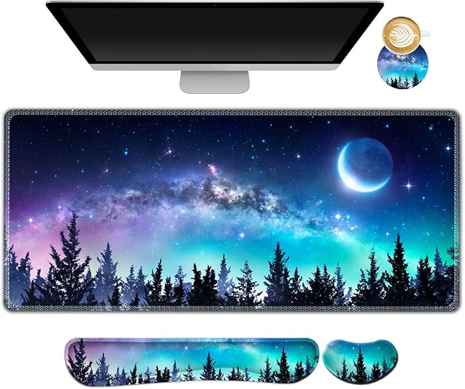 AIMSA Large Gaming Mouse Pad Set Keyboard Wrist Rest Support + Extended Mouse Pad + Mouse Wrist Cushion + Coaster Ergonomic Memory Foam Multifunctional Desk Mat 35x15.7inch (Forest Moon Sky)