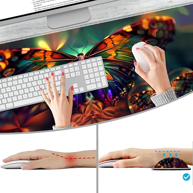 Extended Non-Slip Mouse Pad + Mouse Wrist Rest + Lace-Shaped Coaster Set Ergonomic Design Suitable for Desk and Home Gaming Table Mat Psychedelic Butterfly