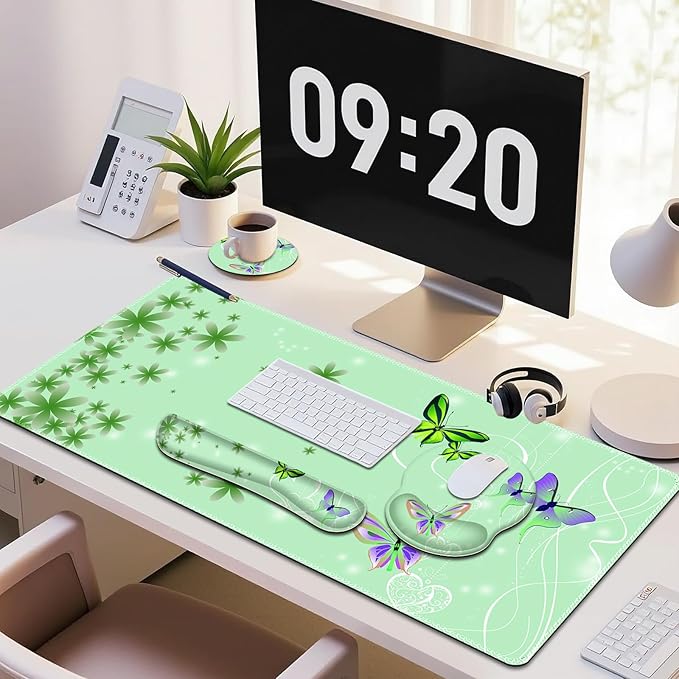 Mint Green Butterflies Florals Mouse Pad XXL Large Desk Mat Extended Reading Desk pad 4PCS Non-Slip Rubber Base Computer Big Mousepads for Work Game Office Home Decor Cute Girls Woemn Gifts
