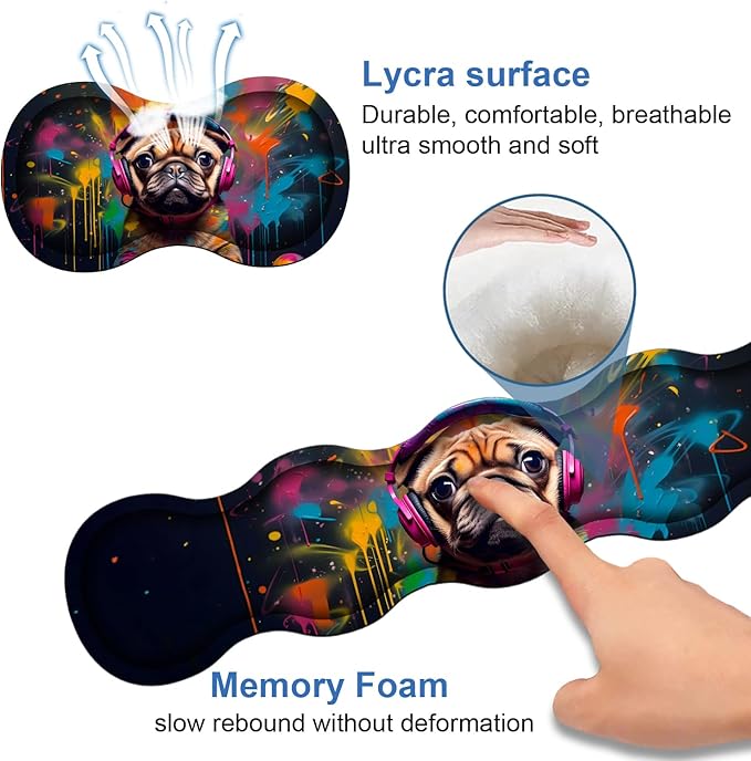 4 in 1 Ergonomic Memory Foam Mouse Pad Wrist Rest Set Large XXL Gaming Desk Pad + Keyboard Wrist Rest + Mouse Wrist Cushion + Coaster for Home Office Study Gaming Cute Pug with Headphones