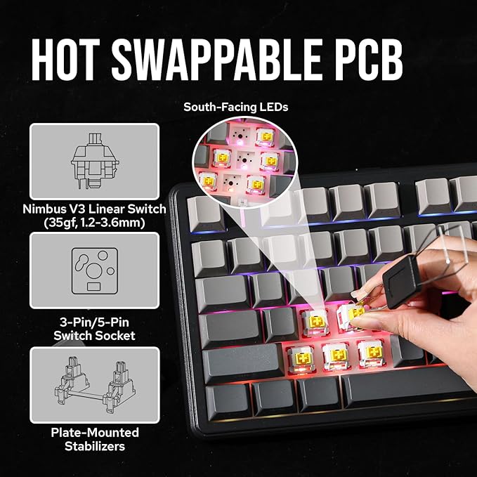 MechLands Aula F99 PRO 96% Mechanical Gaming Keyboard BT5.0/USB-C/2.4GHz Wireless Hot Swappable Gasket Custom Keyboard with 8000mAH Battery Rotary Knob RGB Backlit for Win/Mac (Grey)