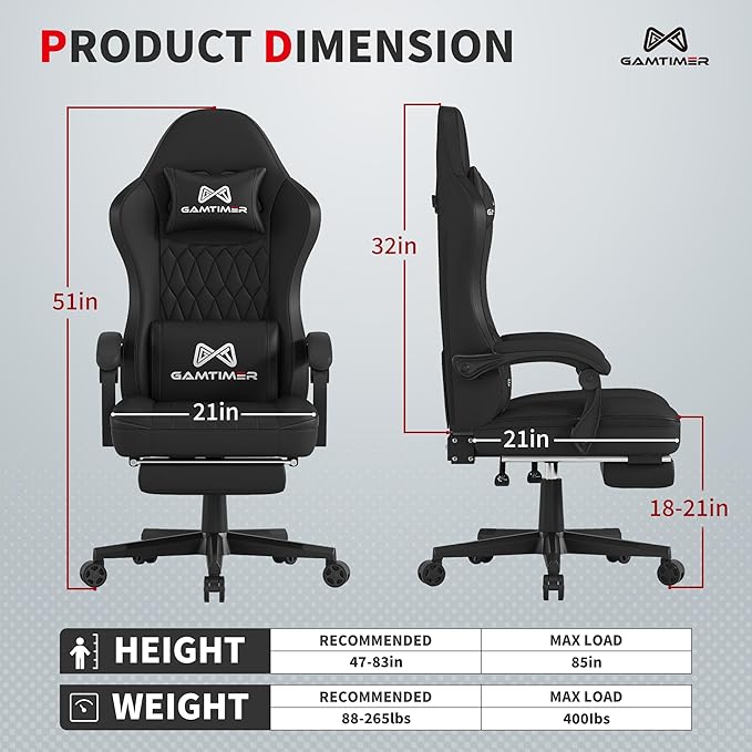 Gaming Chair with Footrest Ergonomic Computer Chair PU Breathable Material with Headrest and Lumbar Support Suitable for Silla Gamer and Adults(Black)