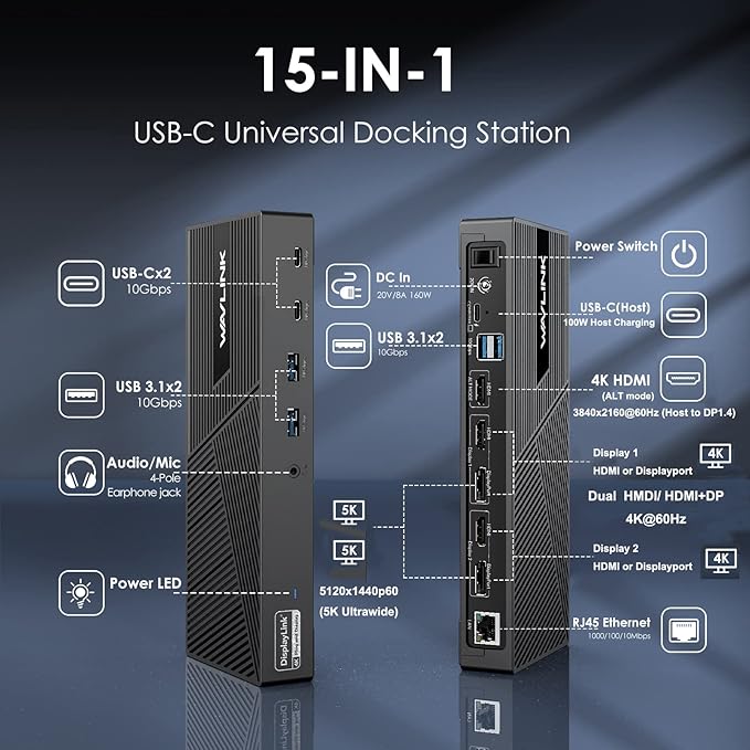 WAVLINK DisplayLink Docking Station Triple Monitor 4K@60Hz for 3 Monitors 100W Charging for Thunderbolt 5/4/3 USB C M1-M5 Mac/MacBook Neo/Windows- 3 HDMI 2 DP 6 USB Ports 160W Power LAN Audio