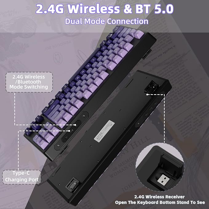 ZIYOU LANG M87 75% Wireless Gaming Keyboard Mechanical Feel Silent Rainbow Backlit Bluetooth/2.4Ghz PBT Gradient Keycaps Rechargeable 4000mAH Battery Ergonomic for MAC/Win/PC-Purple