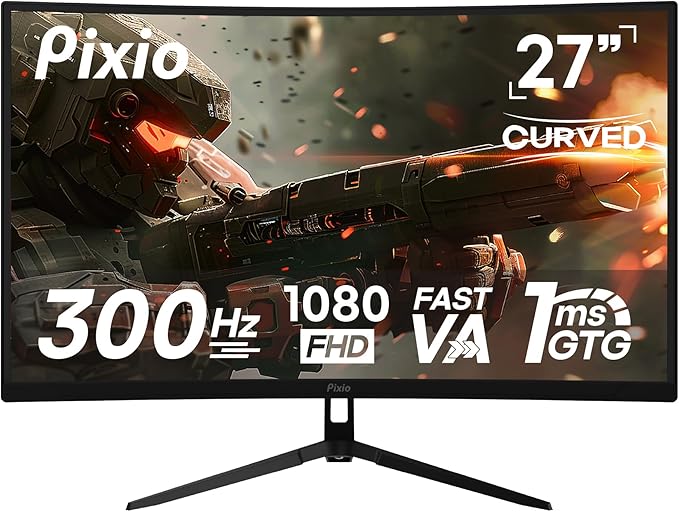 Pixio PXC279WAVE 27 inch 300Hz Refresh Rate FHD 1080p Resolution 1650R Curve Fast VA Panel 1ms GTG Response Time HDR Curved Gaming Monitor and PS1S Wave Black Single Monitor Arm