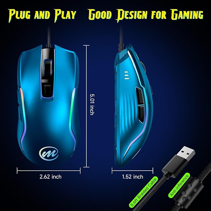 memzuoix Wired Gaming Mouse with RGB - 6 Adjustable DPI up to 12800 6 Buttons 12 Lighting Modes Ergonomic Design with Anti-Slip Rubber Wheel 5.6ft Braided Cable for PC/Mac/Windows - Blue