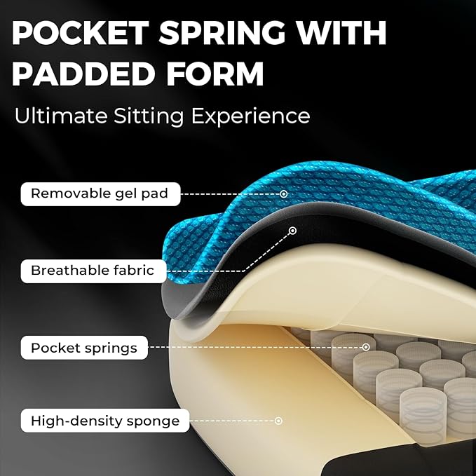 Dowinx Gaming Chair Breathable Fabric with Gel Pad Ergonomic Game Chair with Pocket Spring Cushion Comfortable Office Chair with Footrest and Storage Bag for Adults Black