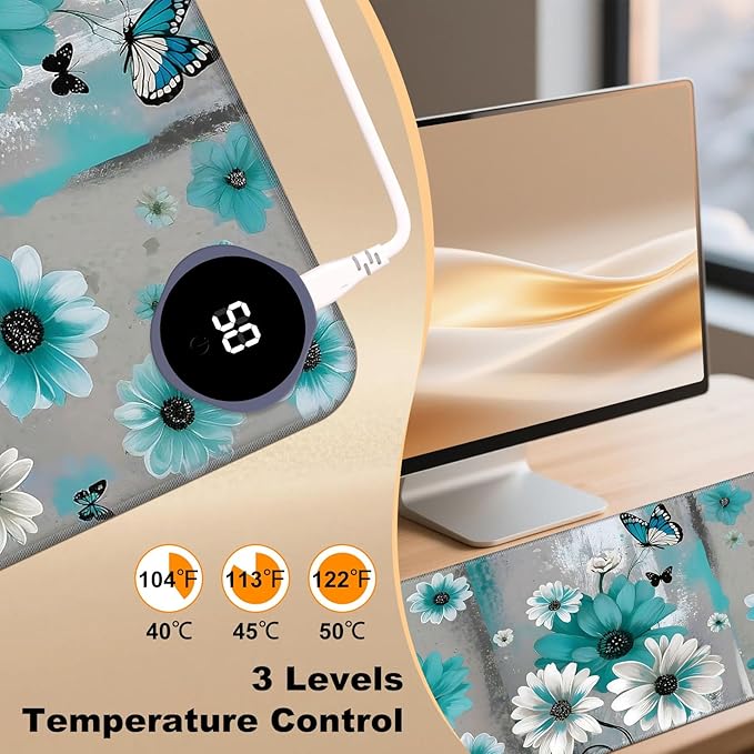 Heated Desk Pad 31.5 x 13 3 Large Heated Mouse Pad with Heat Levels (40°C/45°C/50°C) &amp 3H Auto Shut-Off Desk Mat Fast Heating PU Leather Warmer Mousepad for Home OfficeSunflowers and Butterflie