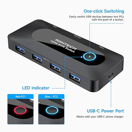 KVM Switch RSHTECH USB Switch with 4K@60Hz HDMI and 4 USB-3.0 Ports for 2 Computers Share Keyboard Mouse Printer and one HD Monitor with 2 USB-A Cables and 2 HDMI Cables
