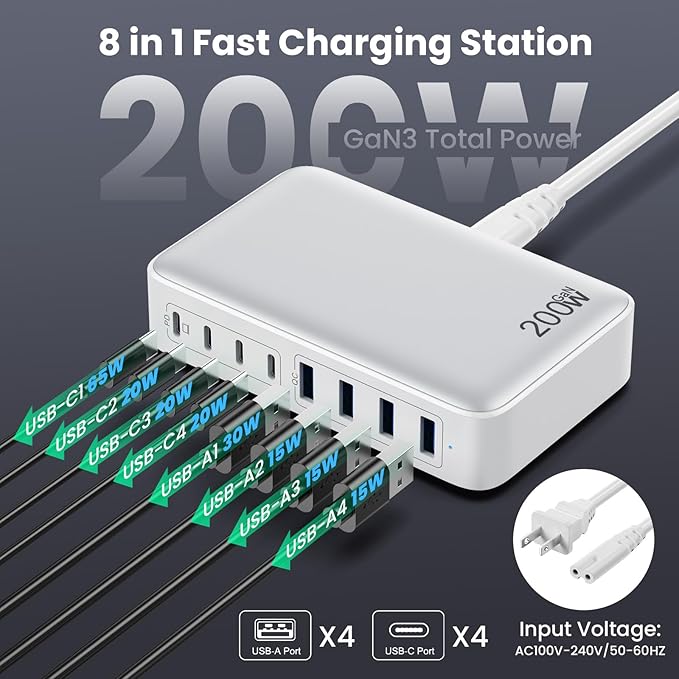USB C Charger 200W USB C Charger BlockUpgraded GaN III 8-Port Fast Charging Station HubPD 65W Laptop Charging Adapter Compatible with MacBook Pro/AirDELLSteam DeckiPhone 16/15/14Galaxy S23/22