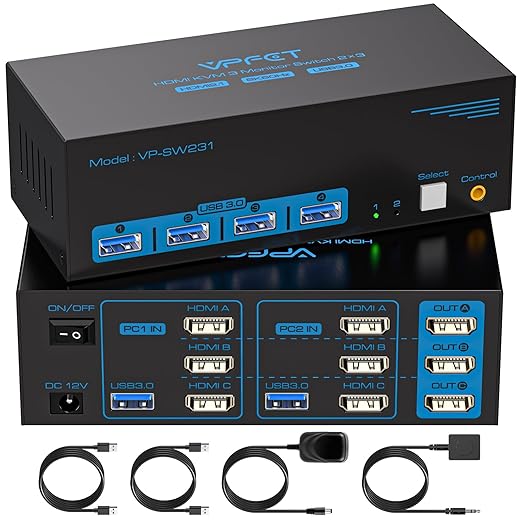 8K@60Hz HDMI KVM Switch 3 Monitors 2 Computers 4K@120Hz USB 3.0 KVM Switches for 2 PC Share Triple Monitor and 4 USB Ports Supports Extended&ampCopy Mode.Wired Controller DC 12V/1A Adapter Included