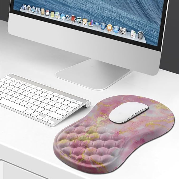 Hokafenle Ergonomic Mouse Pad Wrist Support Wrist Rest Mousepad for Carpal Tunnel Pain Relief with Integrated Memory Foam Slope Massage Bulge (11.8x7.9 inchPink Gold Marble