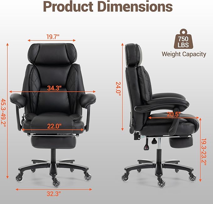 Big and Tall Office Chair for Heavy People Heavy Duty Executive Office Desk Chair with Footrest Waist Lumber Support Adjustable Headrest Black