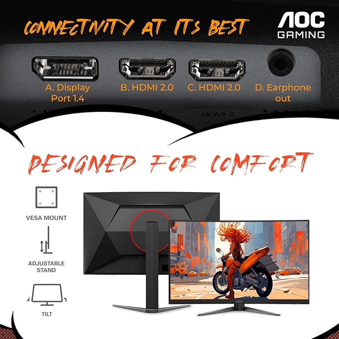 AOC C27G4ZH 27 Curved Frameless Ultra-Fast Gaming Monitor FHD 1080p 0.3ms HDMI 240Hz/DP 280Hz 1500R AMD FreeSync HDR Height Adjustable 3-Year Zero Dead Pixel Guarantee