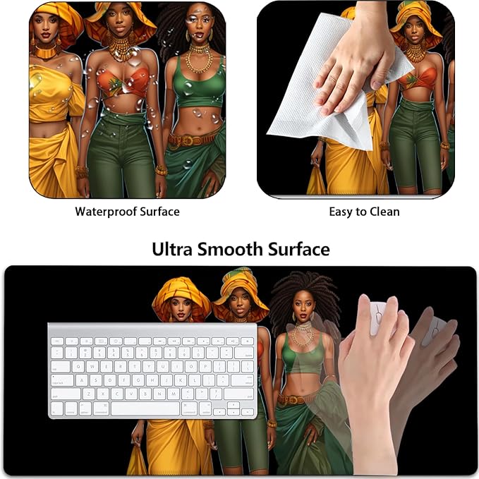 Large Gaming Mouse Pad+ Keyboard Wrist Rest Set Ergonomics Memory Foam Mouse Mat Wrist Rest Suppor Waterproof Extended Mousepad 31.5x11.8in African American Women Black Girl Desk Pad