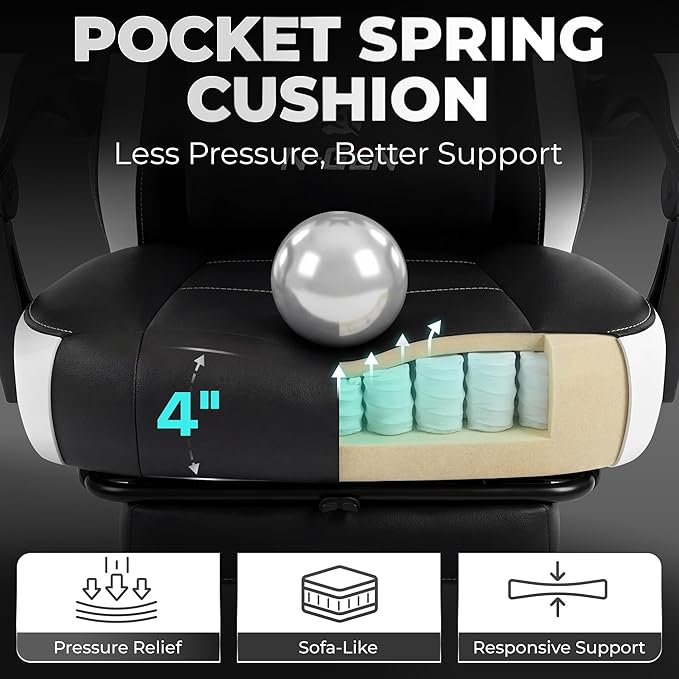 N-GEN GAMING Video Gaming Chair Big and Tall Office Computer Desk Chairs with Ergonomic Lumbar Support High Back Recliner and Footrest for Adults (White)