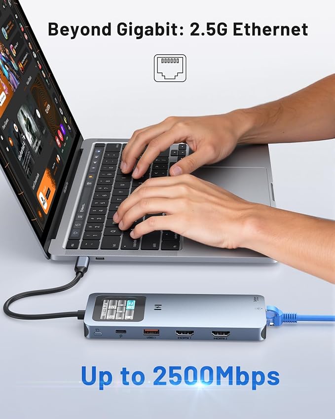Laptop Docking Station Dual Monitor 12-in-1 USB-C Docking Station with Smart LCD Display 2 HDMI Ports+100W PD+10Gbps USB-C/A+2.5G Ethernet+SD/microSD Docking Station for Dell/HP/Lenovo Laptop