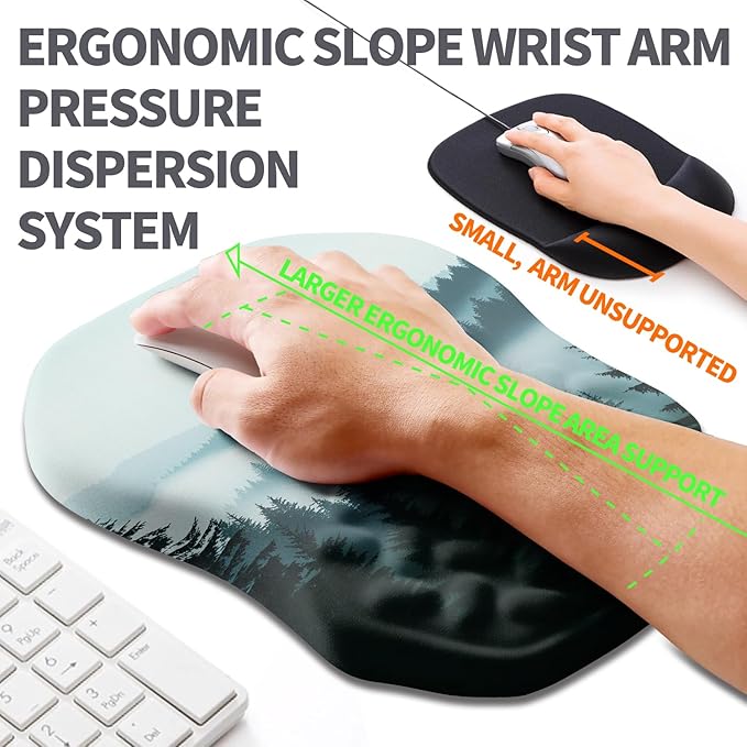 Ergonomic Slope Mouse Pad Wrist Support Wrist Rest Mousepad for Carpal Tunnel Pain Relief with Massage Bulge and Slow Rebound Memory Foam (12x8 inch Foggy Forest)