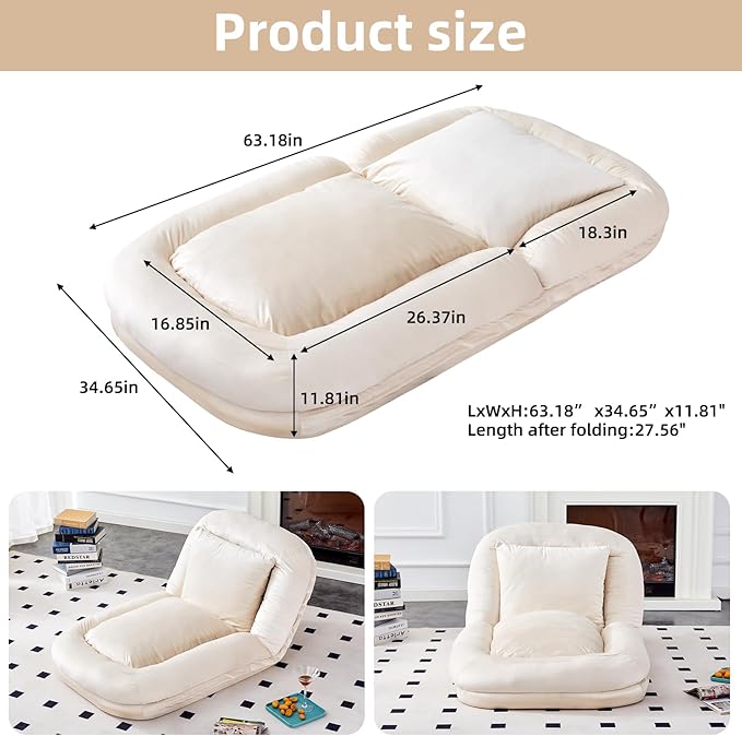 Folding Sofa Chair with 5 Adjustable Positions Plush Floor Lounge Chair for Gaming Meditation and Relaxation (Beige 2)