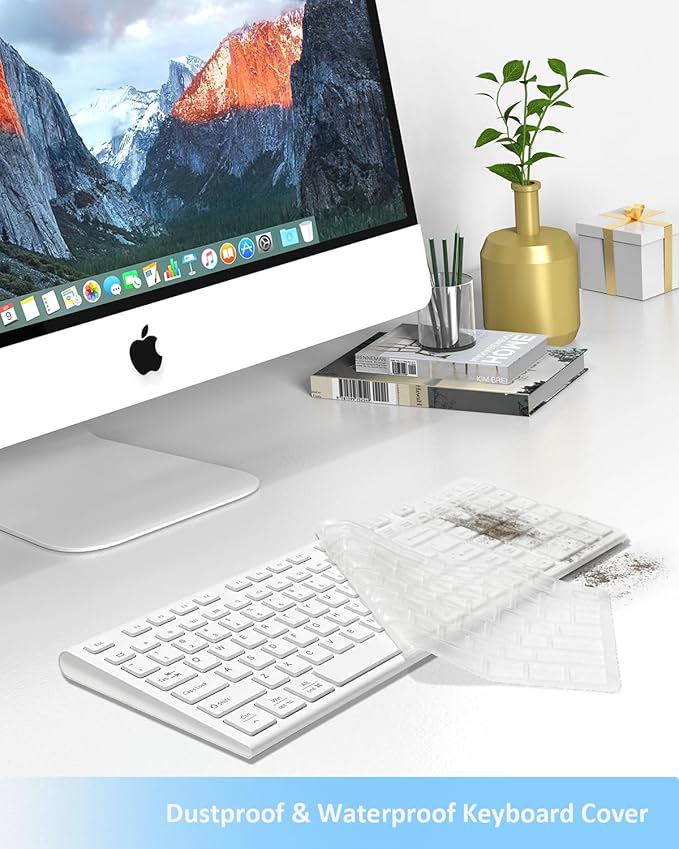 FENIFOX Wireless Keyboard Bluetooth &amp 2.4G USB &amp USB-C Rechargeable Silent Ultra Quiet Low Profile Compact Full Size with Number Pad Soft Multi Device for Mac MacBook Windows PC - White
